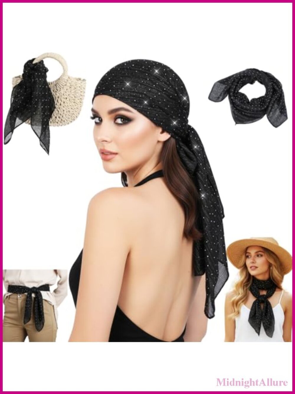 Rhinestone Head Scarf Polyester Silk Feel Glitter Hair Wrap Bandana